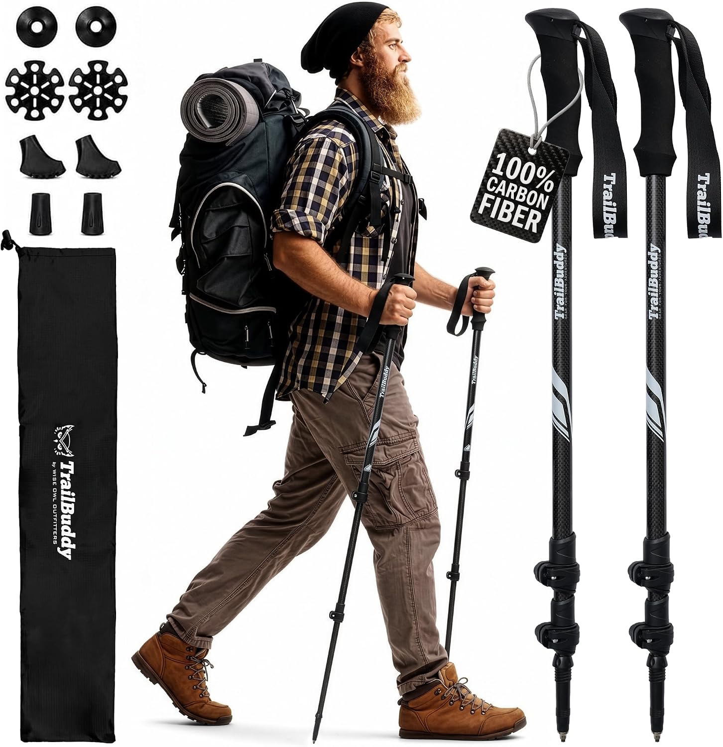 TrailBuddy 3K Carbon Fiber Hiking Poles – Collapsible Lightweight Trekking Poles for Hiking – Adjustable Walking Sticks for Women, Men, Seniors with All-Terrain Tips, Baskets & EVA Grips