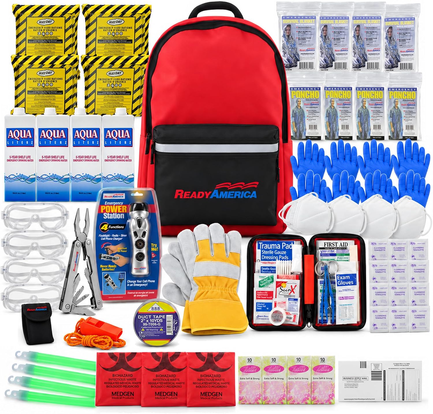 Ready America 72 Hour Deluxe Emergency Kit, 4-Person 3-Day Backpack, First Aid Kit, Survival Blanket, Power Station, Emergency Food, Portable Disaster Preparedness Go-Bag for Earthquake, Fire, Flood