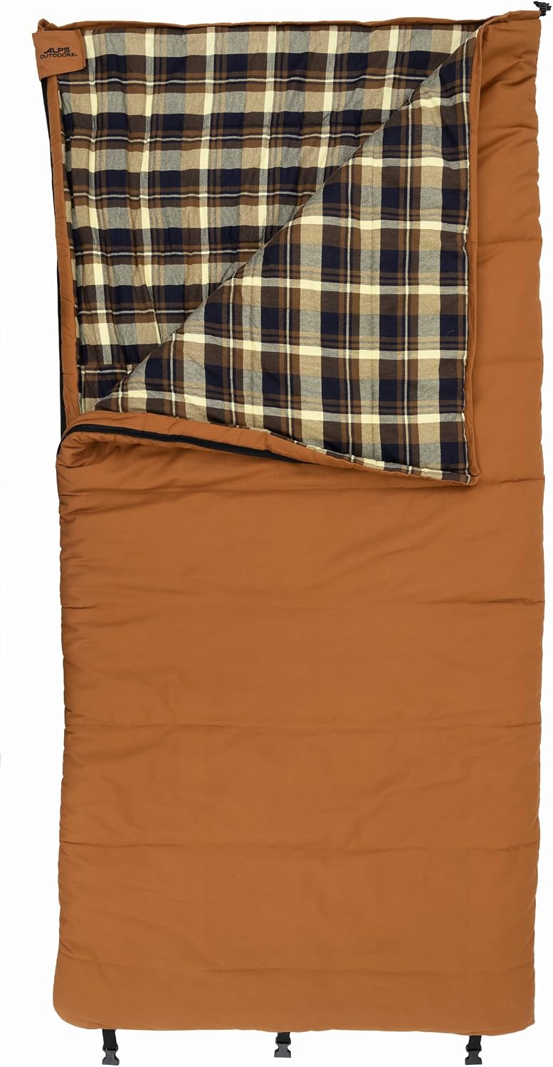 ALPS OutdoorZ Redwood -10°F Flannel-Lined Sleeping Bag with Cotton Canvas Shell, Heavy-Duty Zippers, Oversized Rectangle Design, Cold Weather Camping & Hunting Gear