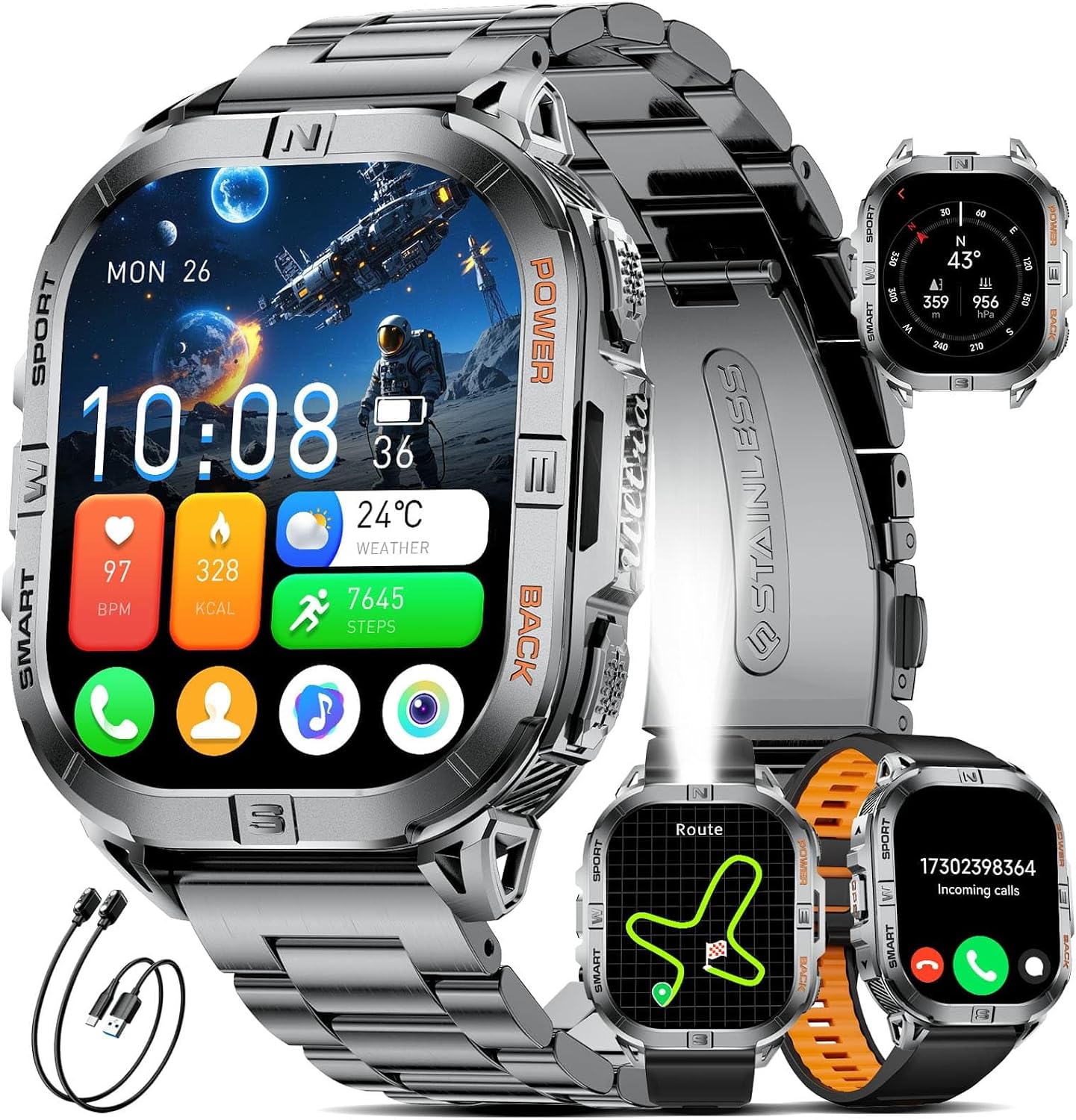 SUNKTA Smart Watches for Men(Answer/Dial Calls),2.01″ Ultra Large HD Smartwatch with 60 Days Extra-Long Battery/Heart Rate/Sleep Monitor/Flashlight/2 Straps,Rugged Fitness Watch for iOS/Android