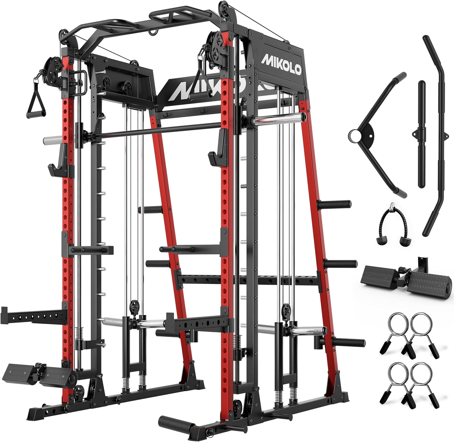 Mikolo M4 2.0 Smith Machine, 2200lbs Squat Rack with LAT-Pull Down System & Cable Crossover Machine, Training Equipment with Leg Hold-Down Attachment