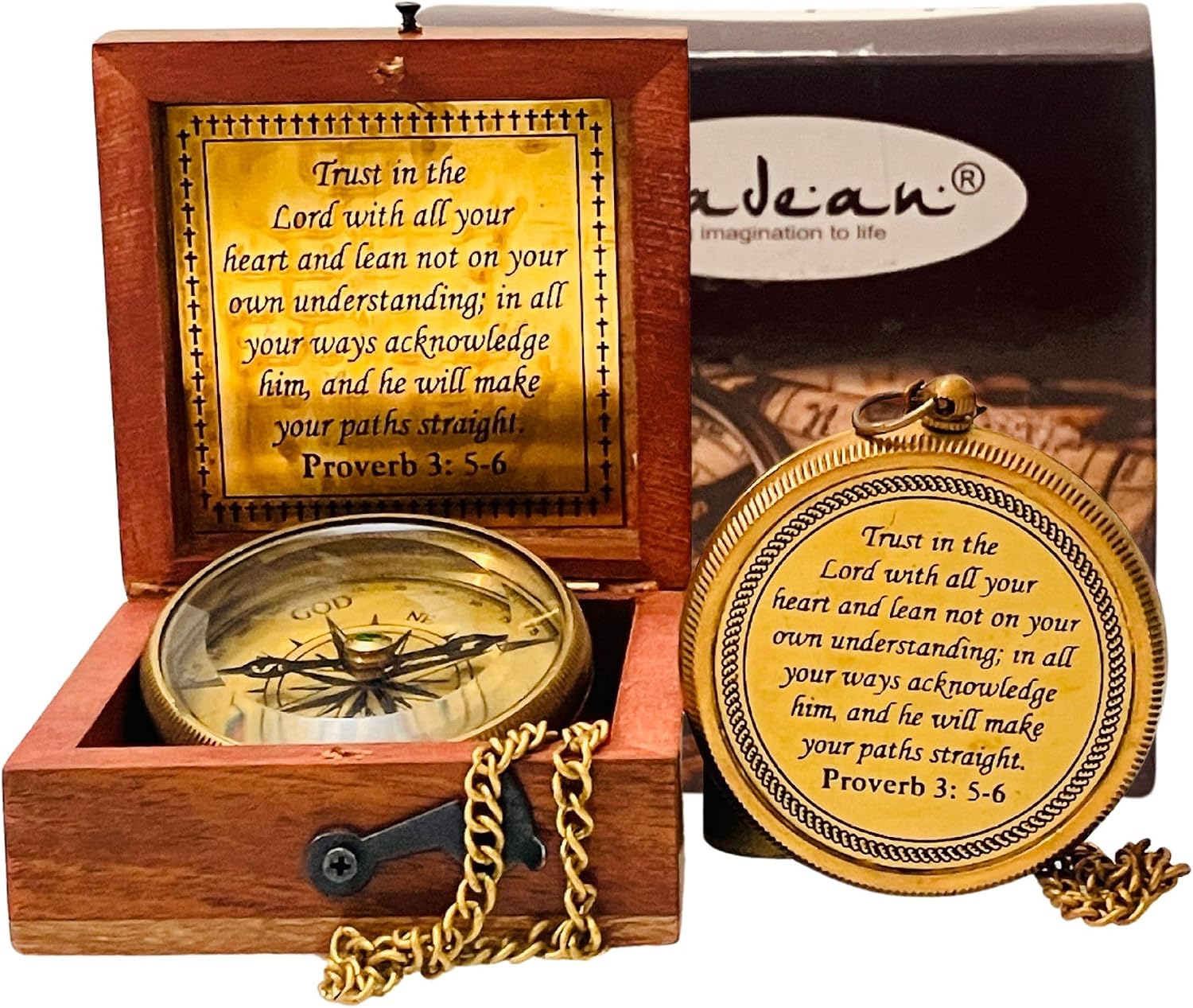 Trust in The Lord – Proverbs 3: 5-6 Engraved Compass, Wood Box Greeting, Inspirational Gift Men, Christian Boys Baptism Gifts, Graduation Day