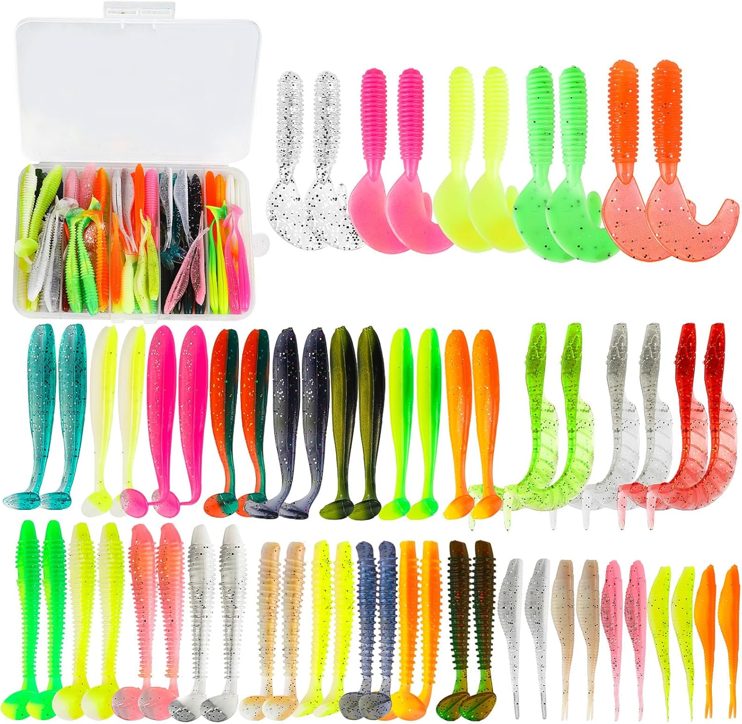 Soft Fishing Lures Set with Tackle Box, 6.5cm/8cm Paddle Tail Swimbaits, 60PCS Soft Plastic Baits with Curly Tails, Freshwater Fishing Lures for Bass, Trout, and More