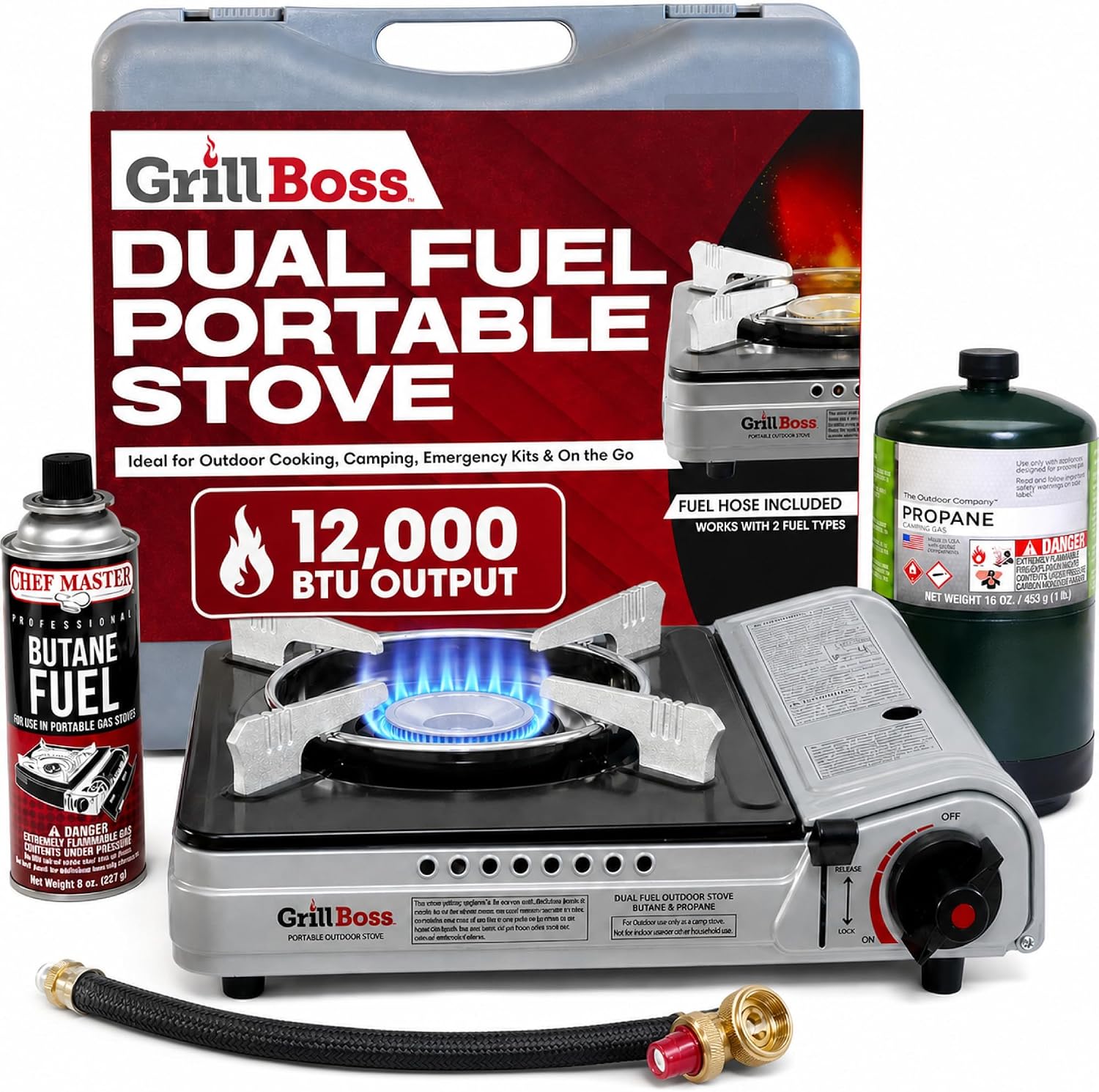 Chef Master Grill Boss Dual Fuel Camping Stove, Butane & Propane, 12000 BTU