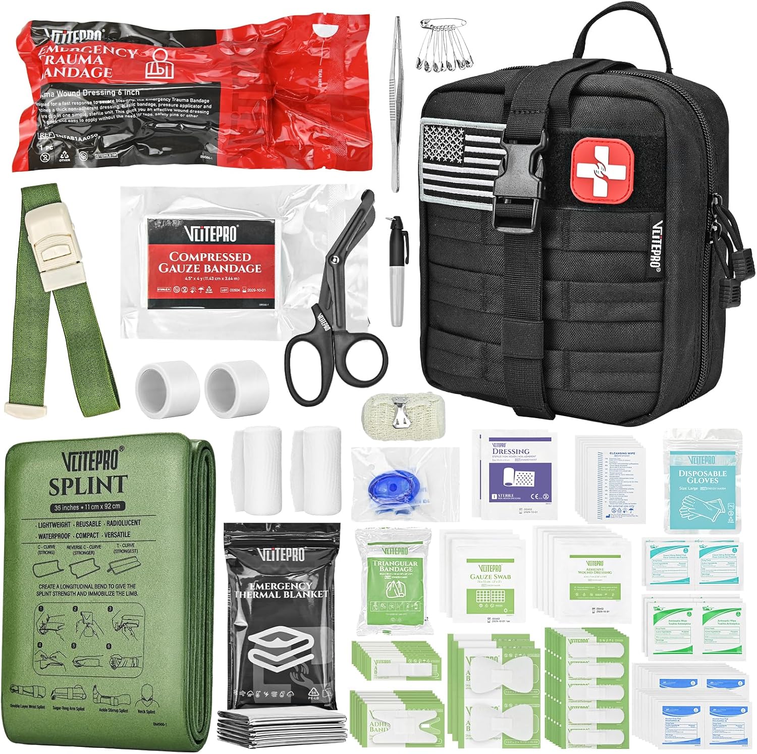 Trauma First Aid Kit – IFAK Trauma Kit with Trauma Bandage, Splint, Tourniquet, Wound Care, Bleeding Control – Tactical Molle Pouch for Military, Combat, Camping, Home, Hiking,Travel- Black