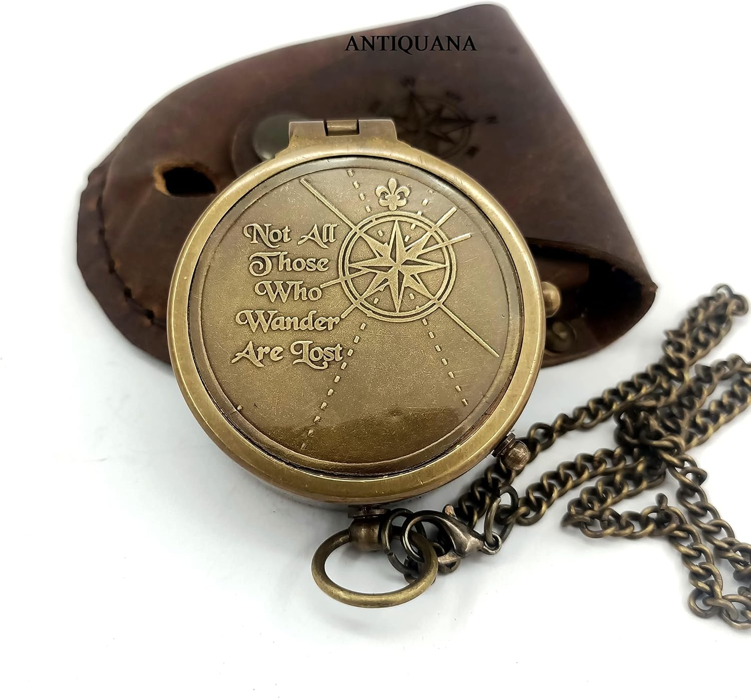 Brass Compass Unique Print ‘Not All Those Who Wander are Lost’ Engraved Compass with Leather Case and Chain A Great Gift Item for Your Loved Ones, Brown