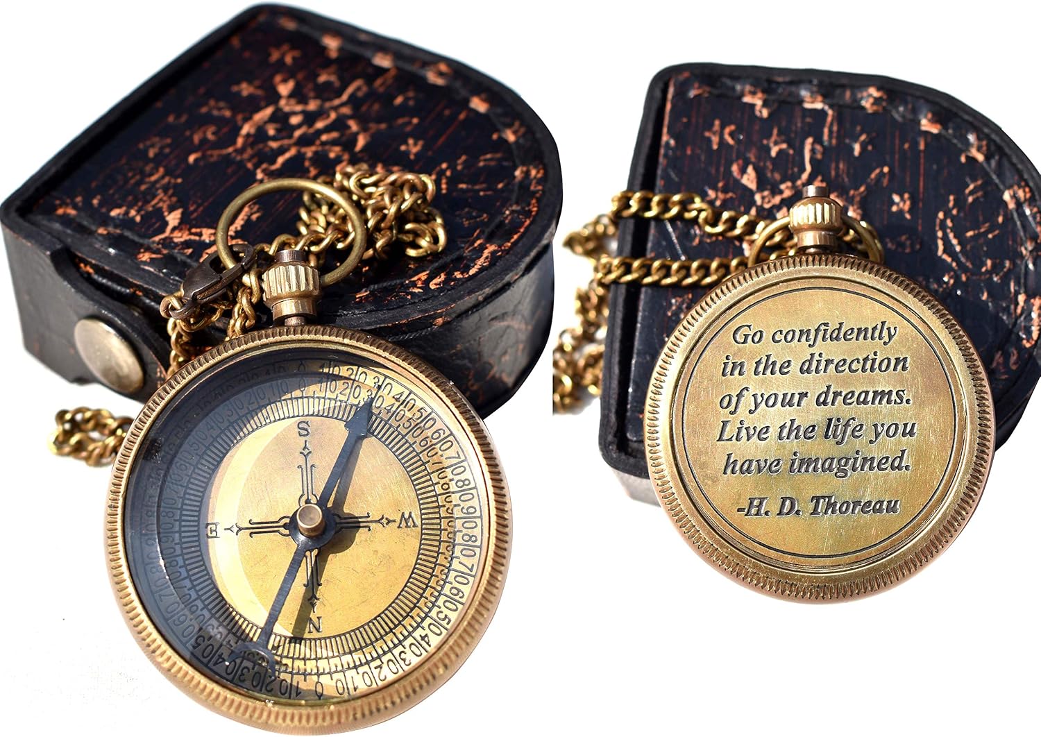 Solid Brass Thoreau’s Go Confidently Quote Engraved Compass with Wooden Box, Camping Compass, Baptism & Graduation Gift, Christian Gift for Men & Confirmation
