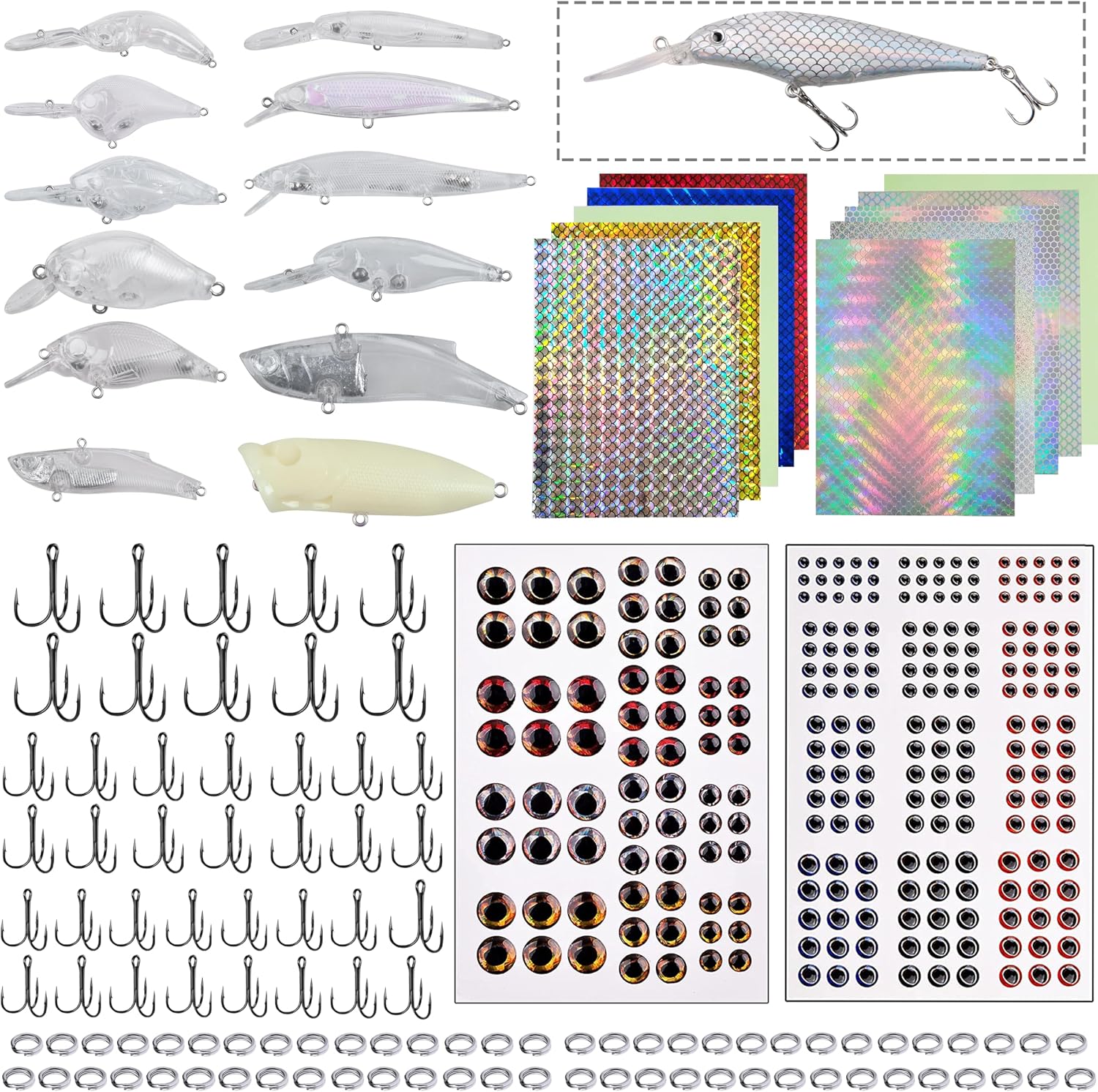 Unpainted Fishing Lures Making Kit, 321pcs DIY Blank Crankbaits Minnow Hard Bait Set with Treble Hooks,Split Rings,3D Eyes,Fishing Lure Stickers Pliers DIY Fishing Tackle