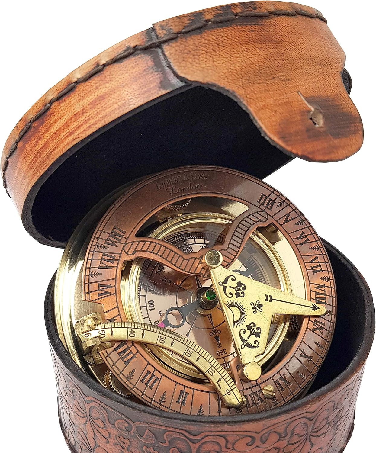 Brass Nautical – Antique Brass & Copper Sundial Compass, Sundial Clock in Box Gift Sun Clock Ship Replica Watch
