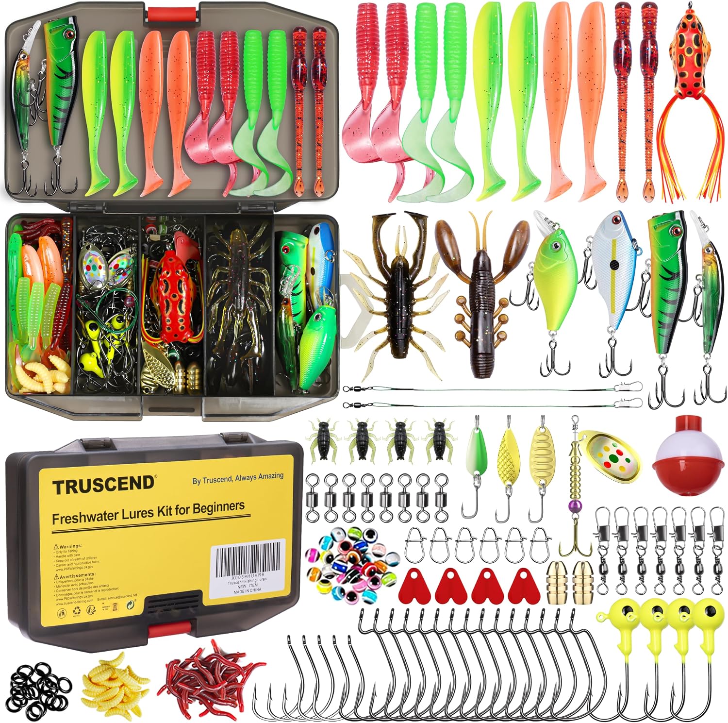 TRUSCEND Complete Fishing Lures – Tackle Box with Tackle Included – Crankbaits, Minnows, Frogs, Vibes, Poppers, Spinners, Spoons, Soft Baits, Hooks & Weights Accessories Kit for Bass Panfish Trout