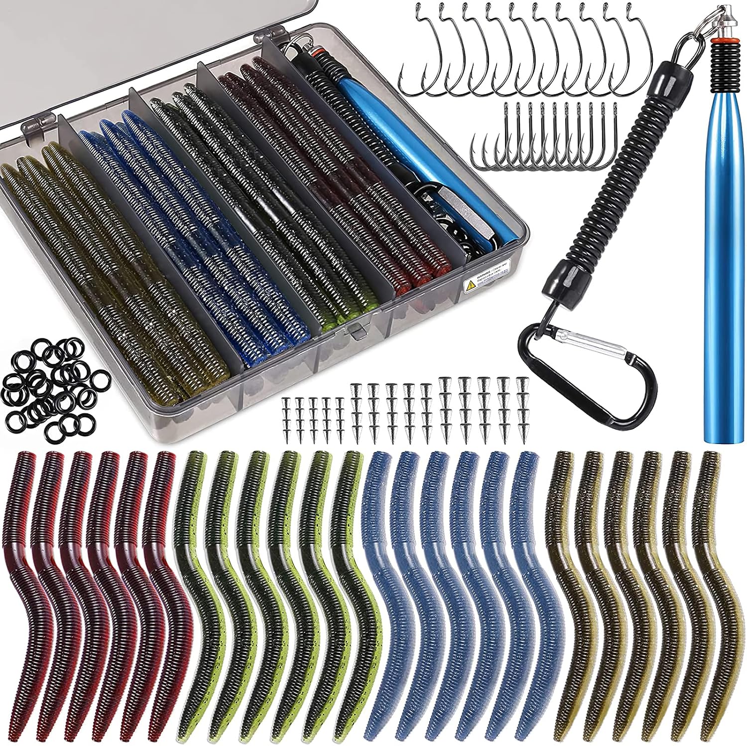 PLUSINNO Wacky Worm Fishing Lure Kit, Soft Plastic Fishing Lures, Grub Baits Hook Wacky Rig Bass Trout Fishing Worms Lures w/Tackle Box